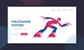 Skating Athlete Competing Website Landing Page. Speed Skater Woman Skating on Ice Rink, Short Track Race Skater