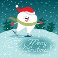 Skating cartoon tooth in Santa hat. Merry Christmas!