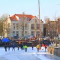 Skating in the harbor Noorderhaven.Netherlands