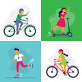 Skating kids. Children ride bike, rollerblades and scooter. Rollerblading childrens, friends riding together vector illustration