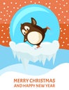 Skating Penguin in Snow-ball with Icicles Vector