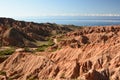 View of Skazka, or Fairytale, canyon and Issyk-Kul lake. Kyrgyzstan