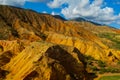 Yellow and red mountain in Asia at rock formation erosion valley Royalty Free Stock Photo