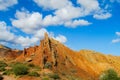 Yellow and red mountain in Asia at rock formation erosion valley Royalty Free Stock Photo