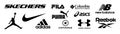 Skechers, Adidas, Nike, Reebok, Asics, Jordan, Puma, Under Armour, Fila, Columbia, Converse, New balance - logos of sports