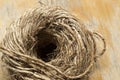 Skein ball of jute twine on wooden background, close up, macro Royalty Free Stock Photo