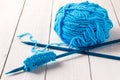 Skein of blue yarn and needles for knitting Royalty Free Stock Photo