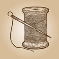 Skein thread with a needle for sewing isolated. Engraving sketch scratch board imitation sepia