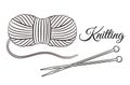 Skein wool yarn, ball thread, knitting needles, handmade knit tool line icon. Clew filament roll for hand needlework hobby. Vector