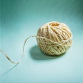 A skein of yellow twine with a loose thread on a light green background