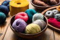 Skeins, hanks, balls and colored wool yarns. Generative AI