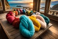 Skeins, hanks, balls and colored wool yarns. Generative AI