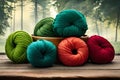 Skeins, hanks, balls and green wool yarns stacked. Generative AI