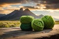 Skeins, hanks, balls and green wool yarns stacked. Generative AI