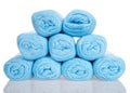 Skeins of powder blue yarn stacked partial pyramid shape isolated on white Royalty Free Stock Photo