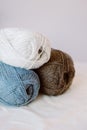 Skeins of woolen yarn for hand knitting. Natural colors