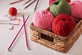 Skeins of yarn in basket and knitting needles
