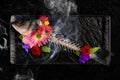 Skelet of fish with flowers and smoke