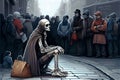 Skeletal beggar asking alms in a crowded crowd. AI Generated