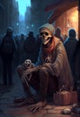 Skeletal beggar asking alms in a crowded crowd. AI Generated