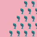 Skeletal fish background in pink and mint green colors, with copy-space, place for text. AI generative