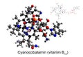 Skeletal formula and 3D ball-and-stick model of vitamin B12 cyanocobalamin, white background