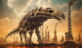 Skeletal remains of a dinosaur against industrial oil refineries, fossil fuels concept illustration