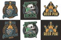 Skeleton beer set with bottle in bone hand. Brewery emblem, craft beer vector logo or print for pub, bar or beer store