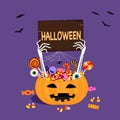 Skeleton bone hands hold wooden Halloween sign board, spooky monster hands out of sweet candy desserts pumpkin basket Royalty Free Stock Photo
