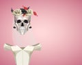 Skeleton of bride with white dress, flower wreath and veil in low poly style. Royalty Free Stock Photo