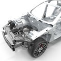 Skeleton of a car with Chassis on white. 3D illustration