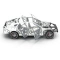 Skeleton of a car with Chassis on white. Side view. 3D illustration