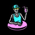 SKELETON CHILLING WITH COCKTAIL AND SWIM RING MULTICOLOR Royalty Free Stock Photo