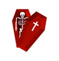 Skeleton in coffin. Open casket and skull and bones. Dead man in