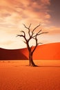 Skeleton of a dead tree against the red dunes of Namibia.