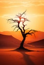 Skeleton of a dead tree against the red dunes of Namibia.