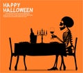 A skeleton is eating dinner in the Halloween night, lonely