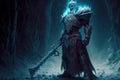 Skeleton evil ice knight standing in a dark-foreboding-frozen-crypt holding a weapon