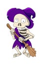 Skeleton of evil witch in violet tattered hat with a broom. Purple emoji