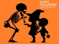 A skeleton is giving the children some candy in the Halloween night