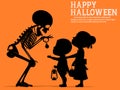 A skeleton is giving two children some candy in the Halloween night