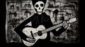 Cursed Skeleton Priest: Black And White Guitar Painting Inspired By Bernard Buffet