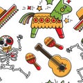 Skeleton and guitar maracas and sombrero pinta seamless pattern