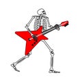 Skeleton with guitar. Skeleton musician. Electric guitar and dead man. Vector illustration