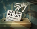 Skeleton Hand Dropping Ballot Into Voting Box - 3D Illustration