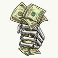 Skeleton hand in fist holding dollar bills Royalty Free Stock Photo
