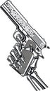 Skeleton hand holding coly 45. automatic pistol