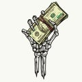 Skeleton hand holding dollar banknotes stack Royalty Free Stock Photo