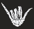 Skeleton hand making hang loose sign. Vintage illustration style.