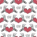 Skeleton hands heart seamless pattern